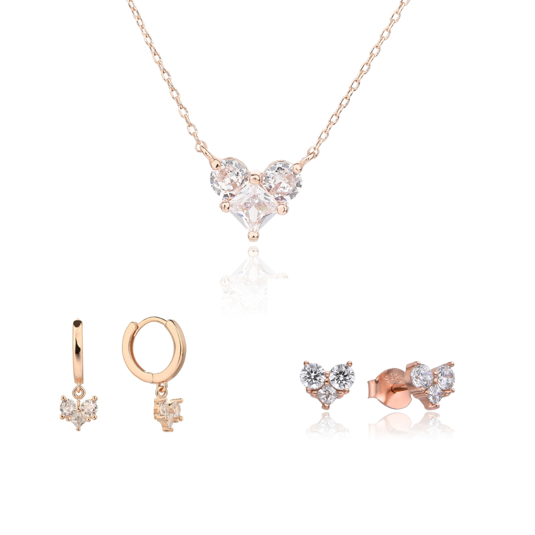 סט לבבות- כסף אמיתי 925 בציפוי רוז גולד
